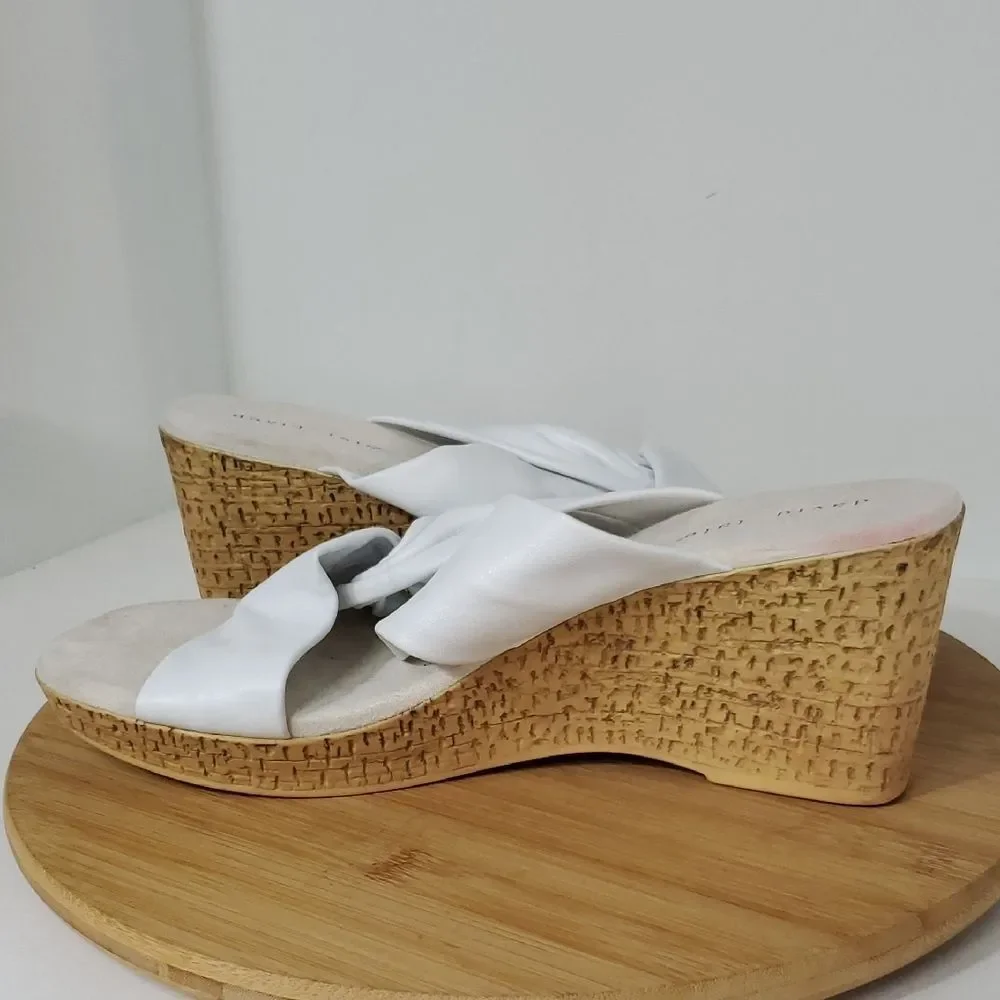 David Tate Loop Slide Sandals White Leather Slip On Wedge Women's Size 13
